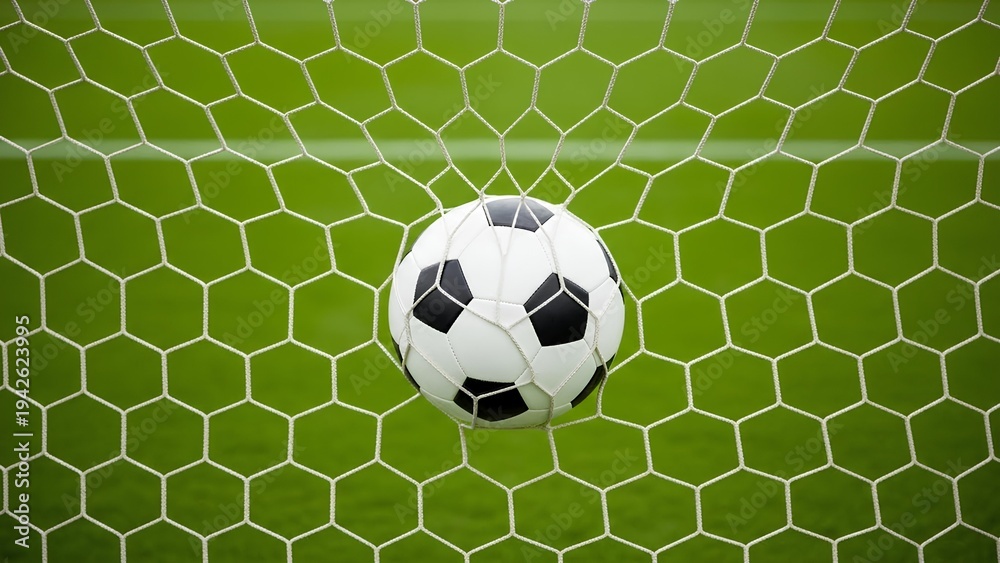 Fototapeta premium Soccer ball in goal net closeup sports action scoring a goal.