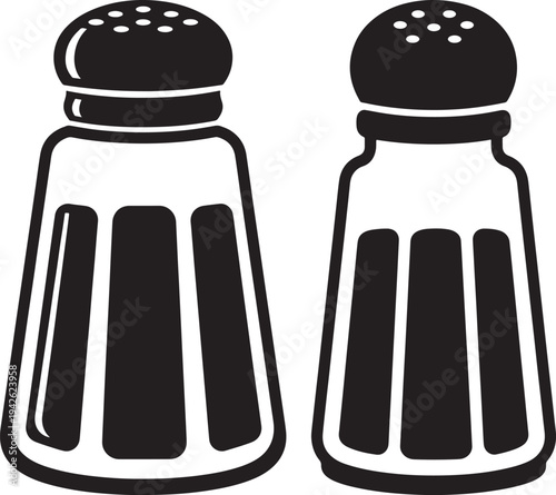 Two black silhouette icons of salt and pepper shakers with clear glass bodies and perforated tops, isolated on white. Seasoning containers