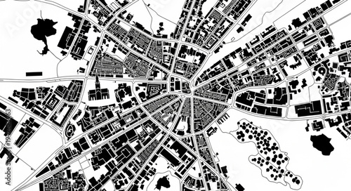 Detailed Black and White City Plan Aerial View.