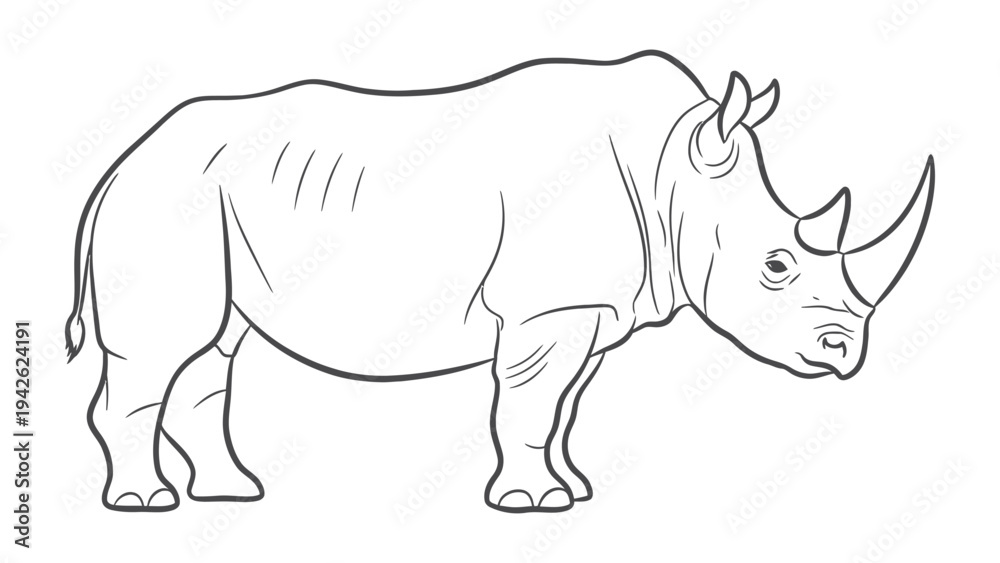 Obraz premium Rhinoceros Outline: A detailed line drawing of a rhinoceros, showcasing its powerful build and iconic horn, presented as a clean graphic resource for various design applications.