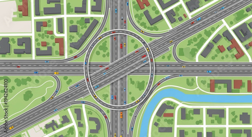 Aerial View of a Complex Highway Interchange with a Roundabout.