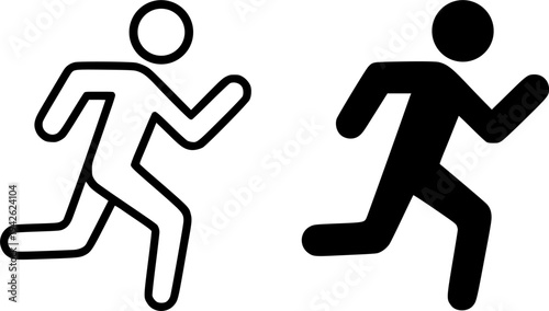 Running symbol icon, black and white in outline and silhouette design style