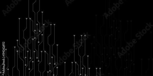 Abstract black circuit board pattern background. Diagonal digital network lines and nodes vector illustration.