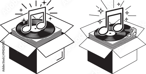 Two black and white icons of vinyl records and musical notes emerging from open cardboard boxes, symbolizing music distribution or new releases