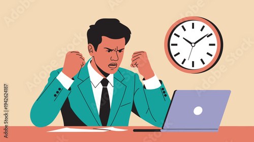 A stressed businessman sitting at his desk with a laptop and clock in the background