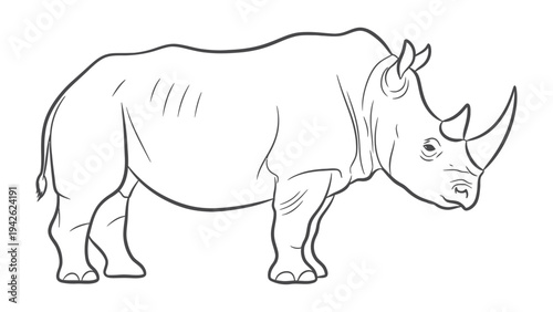 Rhinoceros Outline: A detailed line drawing of a rhinoceros, showcasing its powerful build and iconic horn, presented as a clean graphic resource for various design applications.