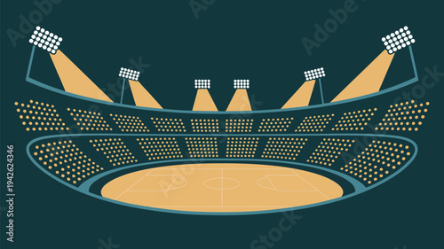 An empty sports stadium with yellow seats and spotlights shining down on the field at night