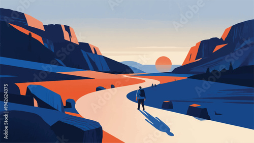 Illustration Of People Walking On A Path Leading To Distant Mountains Vector Design Template