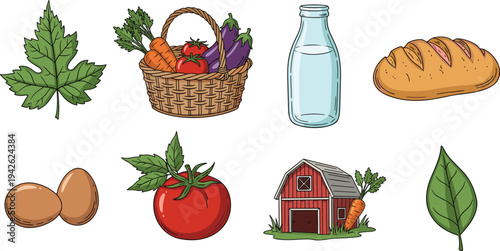 Hand-drawn farm fresh collection, organic vegetables in basket, milk bottle, artisan bread, brown eggs, red tomato, and rustic barn illustration.