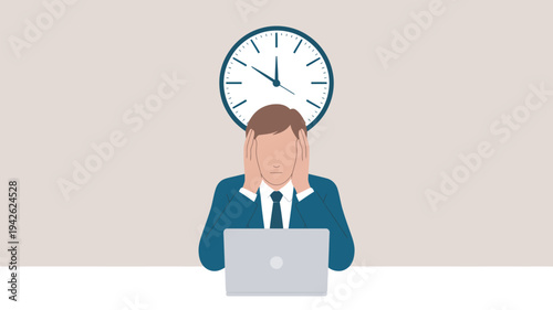 A stressed businessman sitting at his desk with a clock above him, looking overwhelmed while working on his laptop.