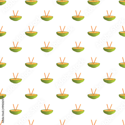 Green bowls of asian soup with chopsticks creating a repeating decorative background