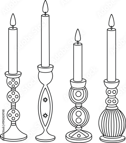 Black and white minimalist line art illustration of four assorted vintage decorative candlesticks with burning taper candles for home decor
