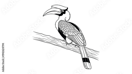 Hornbill Silhouette: A detailed pen-and-ink drawing portrays a magnificent hornbill perched on a branch, showcasing its distinctive curved beak and striking silhouette.
