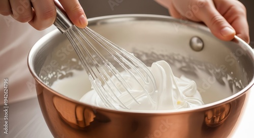 Hands Whisking Batter in Stainless Steel Bowl.