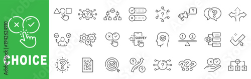 Choice and decision outline icon set featuring options, survey, checklist, comparison, workflow, editable stroke vector design.