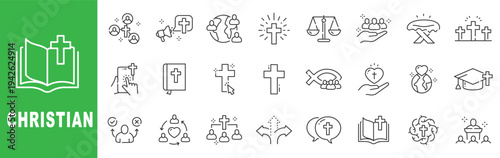 Christianity outline icon set featuring cross, bible, church, prayer, community, ministry symbols, editable stroke vector design.