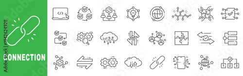 Connection and networking outline icon set featuring cloud computing, data exchange, integration, security, collaboration, editable stroke vector design.