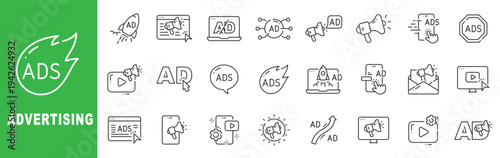 Advertising and marketing outline icon set featuring ads, megaphone, targeting, video, email, rocket launch, editable stroke vector design.