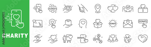 Charity donation outline icon set featuring heart, volunteer, fundraising, nonprofit support, online giving, editable stroke vector design.