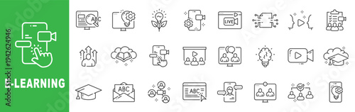 E-learning outline icon set featuring online courses, live webinar, video training, virtual classroom, certification, editable stroke vector design.