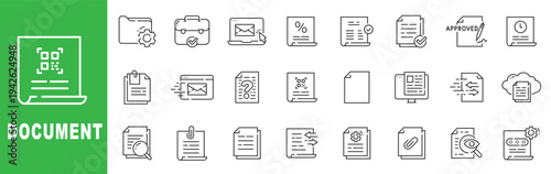 Document outline icon set featuring file management, contract approval, digital paperwork, verification, editable stroke vector design for business office use.