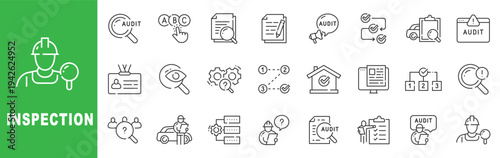 Inspection and audit outline icon set featuring quality control, compliance checklist, safety assessment, editable stroke vector design.