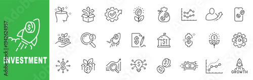 Investment outline icon set featuring financial growth, capital funding, portfolio analysis, money management, editable stroke vector design.