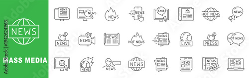 Mass media outline icon set featuring breaking news, journalism, press coverage, live broadcast, editable stroke vector design.