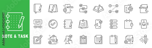 Note and task outline icon set featuring checklist, planner, calendar, reminder, productivity workflow, editable stroke vector design.