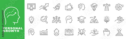 Personal growth outline icon set featuring mindset improvement, career success, achievement milestones, education, leadership and business progress editable stroke vector design.