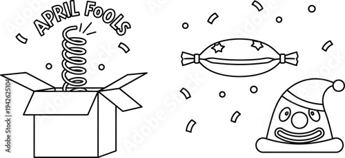 April Fools' Day illustration featuring a classic jack-in-the-box prank, clown hat, festive candy, and scattered confetti elements in line art.
