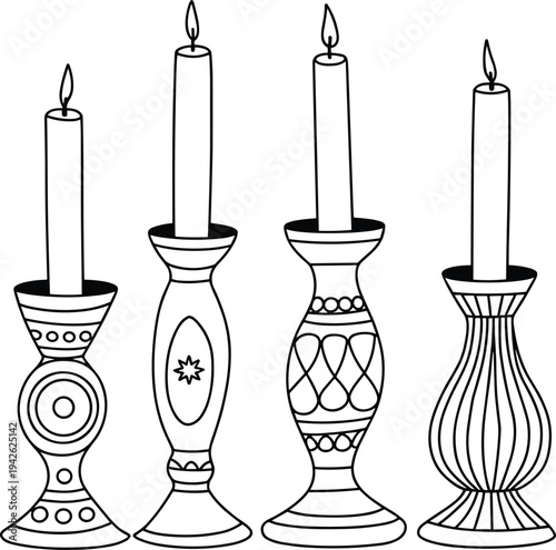 Black and white minimalist line art illustration of four decorative vintage candlesticks with burning taper candles for elegant home decor