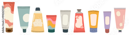 Set of nine colorful cosmetic tubes in flat vector style. Stylized skincare and beauty packaging with abstract patterns, isolated on transparent background for beauty, branding, and cosmetic design.