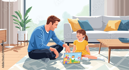 Father and daughter playing puzzle on floor in living room at home