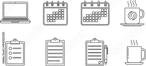 Essential outline icons representing a complete set of work planning and break time tools for productivity