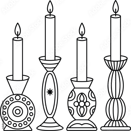 Black and white minimalist line art vector illustration of four unique patterned vintage candlesticks with burning taper candles for home