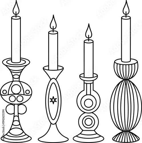 Black and white minimalist line art vector illustration of four unique vintage decorative candlesticks with burning taper candles for home