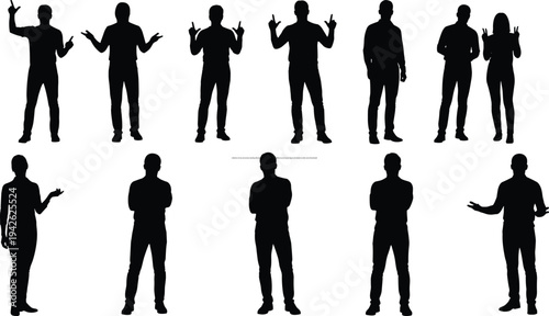 Collection of men and women standing silhouettes showing hand gestures different poses human figure set isolated on white vector illustration