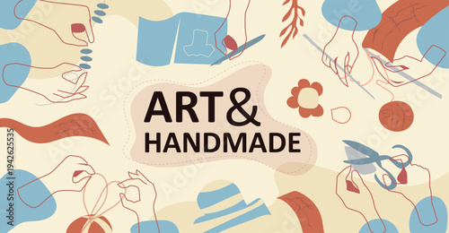 Knitting organic wool clothing crafting into handmade objects, natural pastel colors, illustration banner background