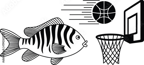 Black and White Vector Illustration of a Striped Fish Shooting a Basketball into a Rim and Net on White Background