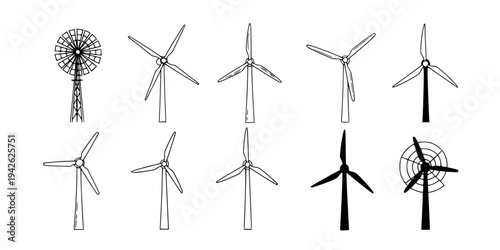 Wind Energy: Hand-Drawn Windmill Turbine Collection - Clean Energy Icons
