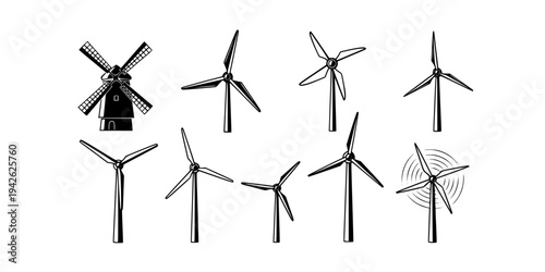 Wind Energy: Hand-Drawn Windmill Turbine Collection - Clean Energy Icons
