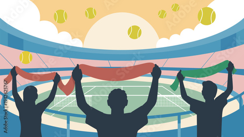 Three silhouetted fans cheering with scarves in a vibrant tennis stadium at sunset