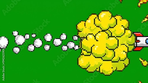 8-bit retro pixel rocket ship flying with yellow explosion chroma key