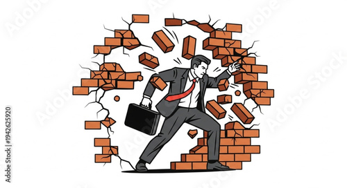 Businessman Breaking Through Brick Wall.