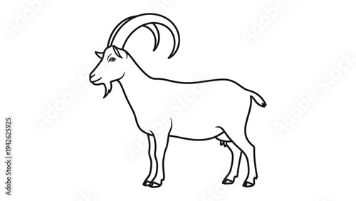 Goat illustration: A simple line drawing of a goat with large curved horns and a beard, standing on a plain background.