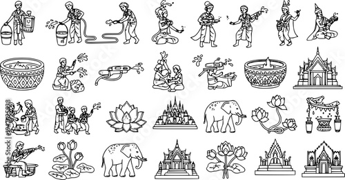 Songkran Festival Black and White Line Art Collection. Hand-drawn Doodle Icons of Thai New Year Celebration, Water Play, Culture, and Traditional Elements