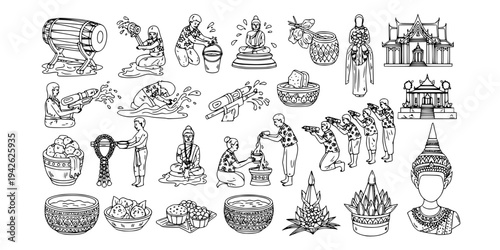 Songkran Festival Black and White Line Art Collection. Hand-drawn Doodle Icons of Thai New Year Celebration, Water Play, Culture, and Traditional Elements