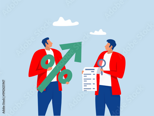 Businessman archery percentage arrow high up into the sky.Interest rate hike due to inflation percentage rising up central bank monetary policy, economics or loan concept vector illustrator