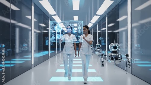 Futuristic medicine, innovative technology, healthcare professionals and robot assistance, modern